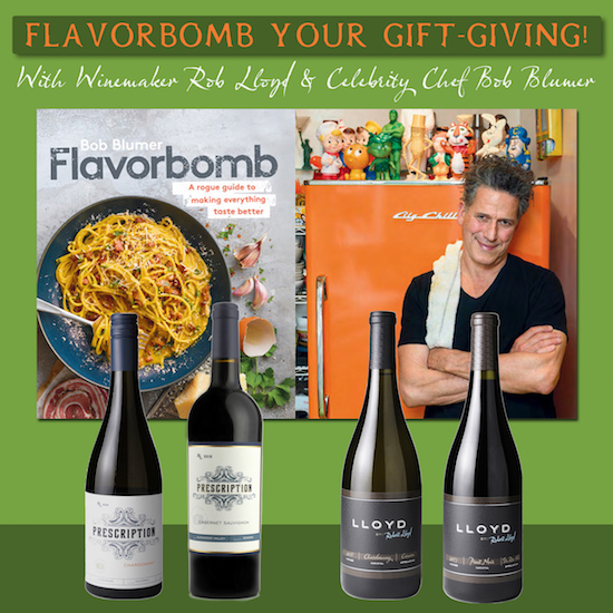 Flavorbomb cookbook cover with Lloyd wine bottles